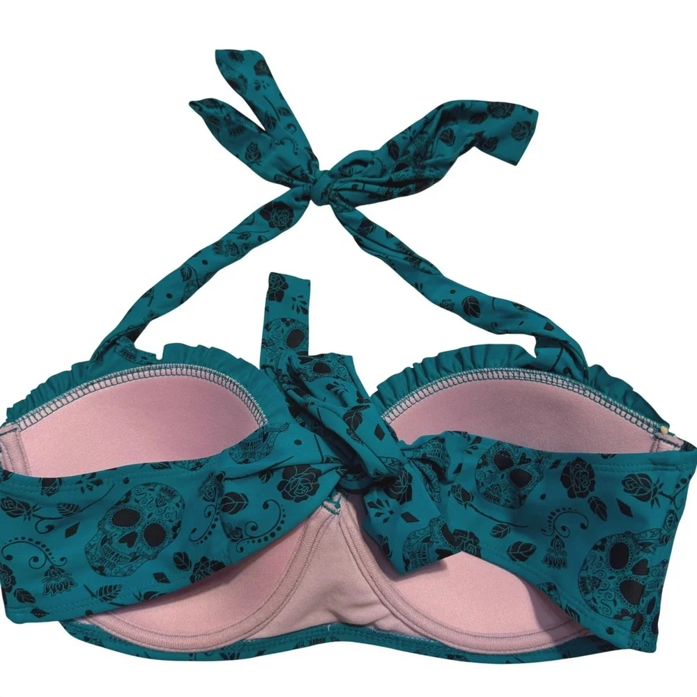 Hot Topic Midnight Hour Teal Sugar Skull Rose Halter Bikini Top Medium Underwire